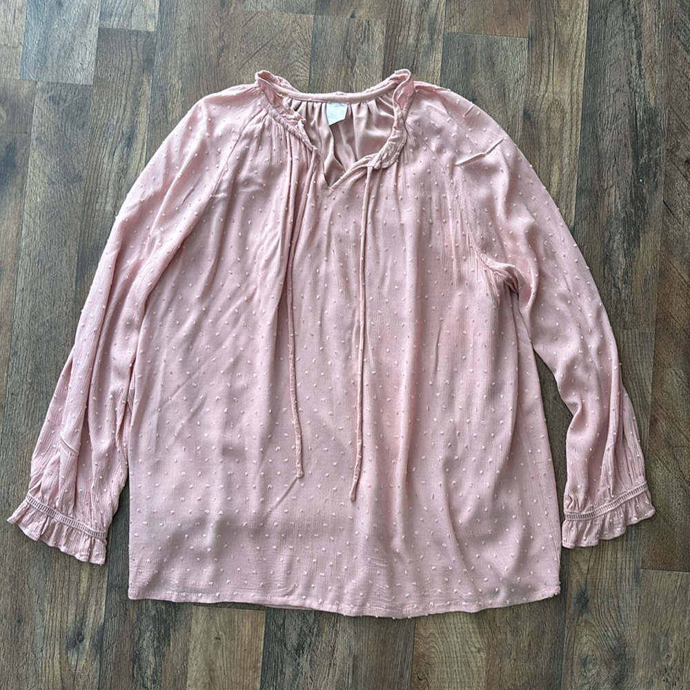 Pink Long Sleeve Swiss Dot Ruffle Sleeve Blouse